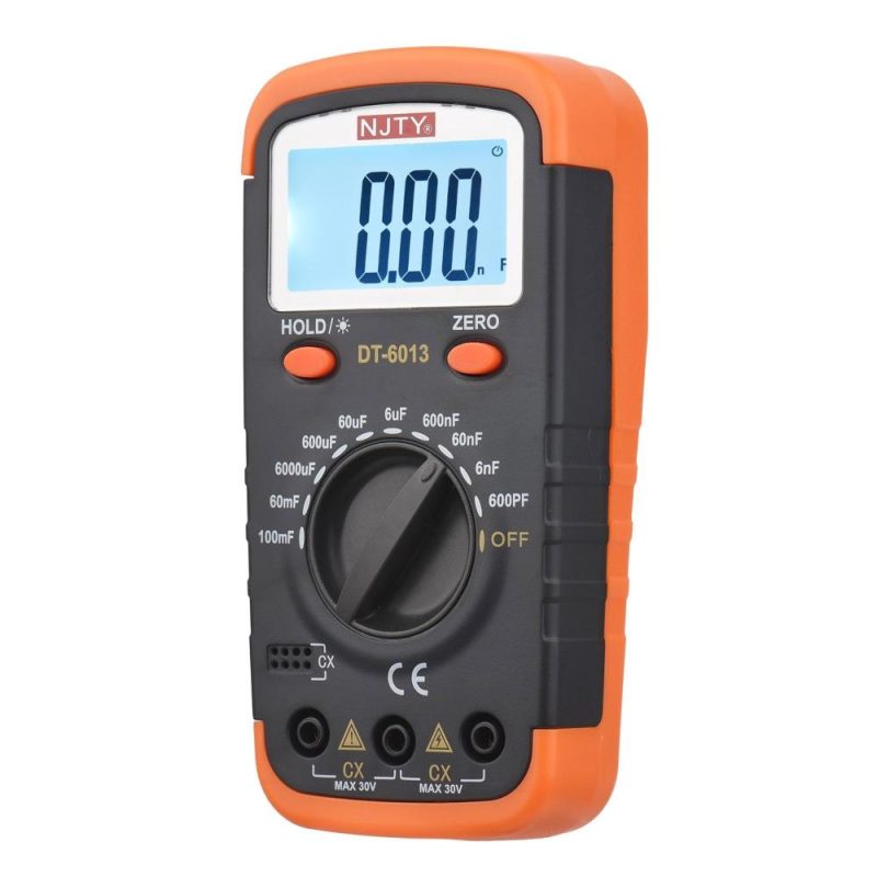 NJTY Digital Capacitance Meter with LCD Backlight Display 600pF to 100mF High Accuracy 6000 Counts Capacitor Tester Kit with Crocodile Clips and 0.2A Fuses  |   Digital Multimeters & Oscilloscopes Digital Multimeters & Oscilloscopes Black & Orange