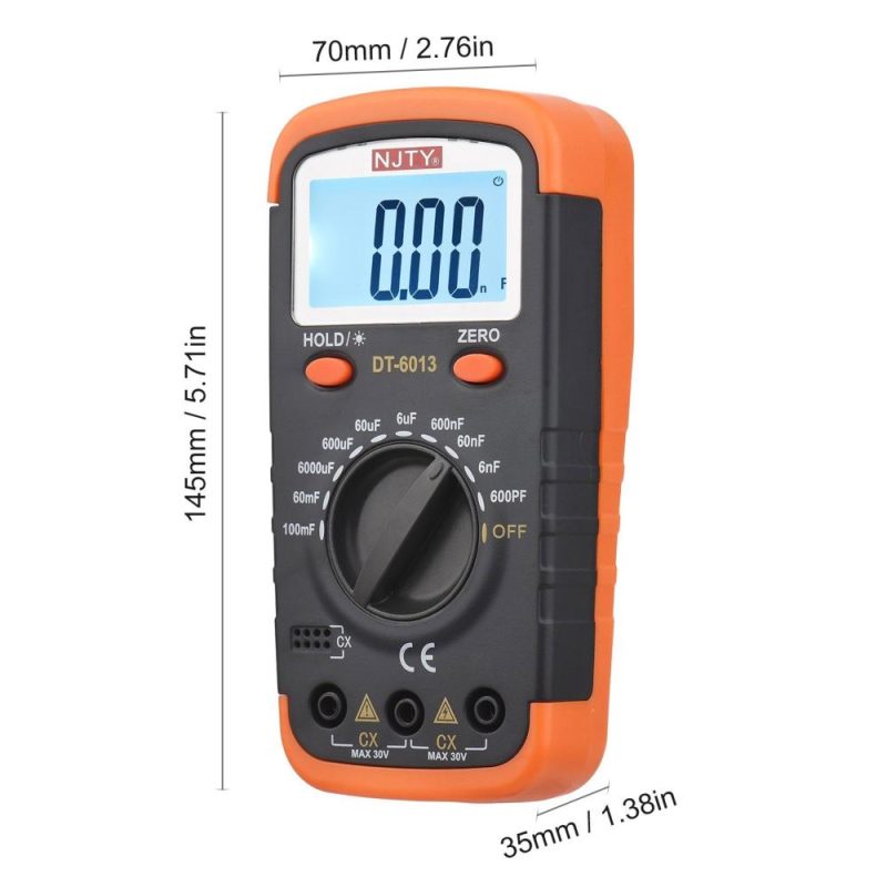 NJTY Digital Capacitance Meter with LCD Backlight Display 600pF to 100mF High Accuracy 6000 Counts Capacitor Tester Kit with Crocodile Clips and 0.2A Fuses  |   Digital Multimeters & Oscilloscopes Digital Multimeters & Oscilloscopes Black & Orange