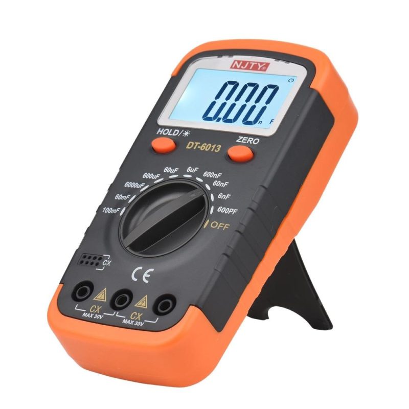 NJTY Digital Capacitance Meter with LCD Backlight Display 600pF to 100mF High Accuracy 6000 Counts Capacitor Tester Kit with Crocodile Clips and 0.2A Fuses  |   Digital Multimeters & Oscilloscopes Digital Multimeters & Oscilloscopes Black & Orange