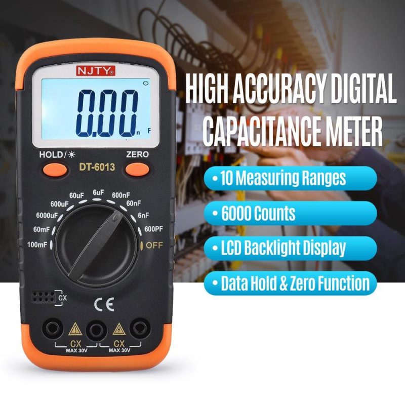 NJTY Digital Capacitance Meter with LCD Backlight Display 600pF to 100mF High Accuracy 6000 Counts Capacitor Tester Kit with Crocodile Clips and 0.2A Fuses  |   Digital Multimeters & Oscilloscopes Digital Multimeters & Oscilloscopes Black & Orange