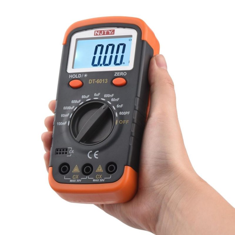 NJTY Digital Capacitance Meter with LCD Backlight Display 600pF to 100mF High Accuracy 6000 Counts Capacitor Tester Kit with Crocodile Clips and 0.2A Fuses  |   Digital Multimeters & Oscilloscopes Digital Multimeters & Oscilloscopes Black & Orange