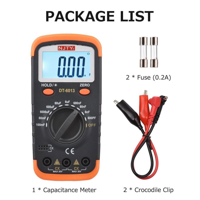 NJTY Digital Capacitance Meter with LCD Backlight Display 600pF to 100mF High Accuracy 6000 Counts Capacitor Tester Kit with Crocodile Clips and 0.2A Fuses  |   Digital Multimeters & Oscilloscopes Digital Multimeters & Oscilloscopes Black & Orange