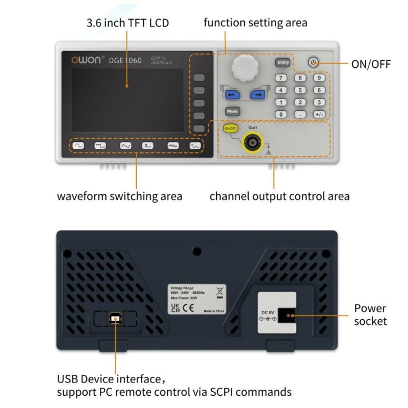 OWON DGE1060 60MHz 300MSa/s Arbitrary Waveform Generator Single Channel 1CH 3.6inch LCD Display Benchtop 14Bits   Waveform Generator  |   Others Others Others