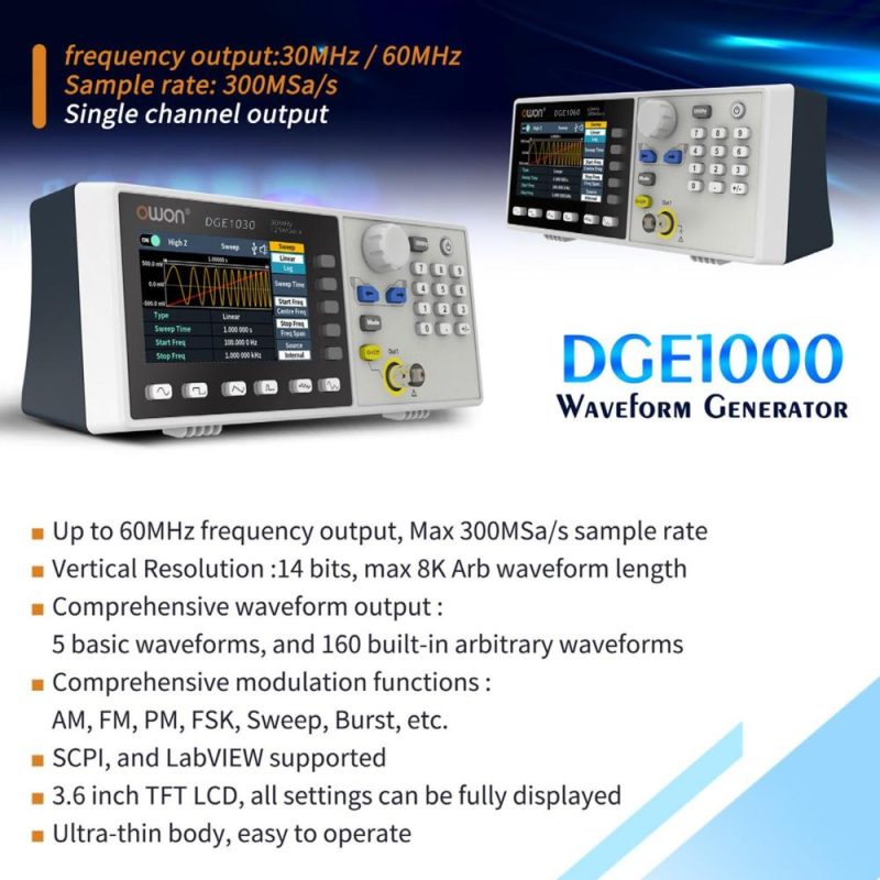 OWON DGE1060 60MHz 300MSa/s Arbitrary Waveform Generator Single Channel 1CH 3.6inch LCD Display Benchtop 14Bits   Waveform Generator  |   Others Others Others