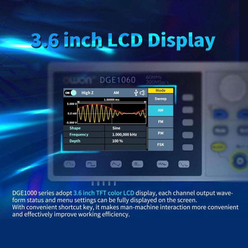 OWON DGE1060 60MHz 300MSa/s Arbitrary Waveform Generator Single Channel 1CH 3.6inch LCD Display Benchtop 14Bits   Waveform Generator  |   Others Others Others