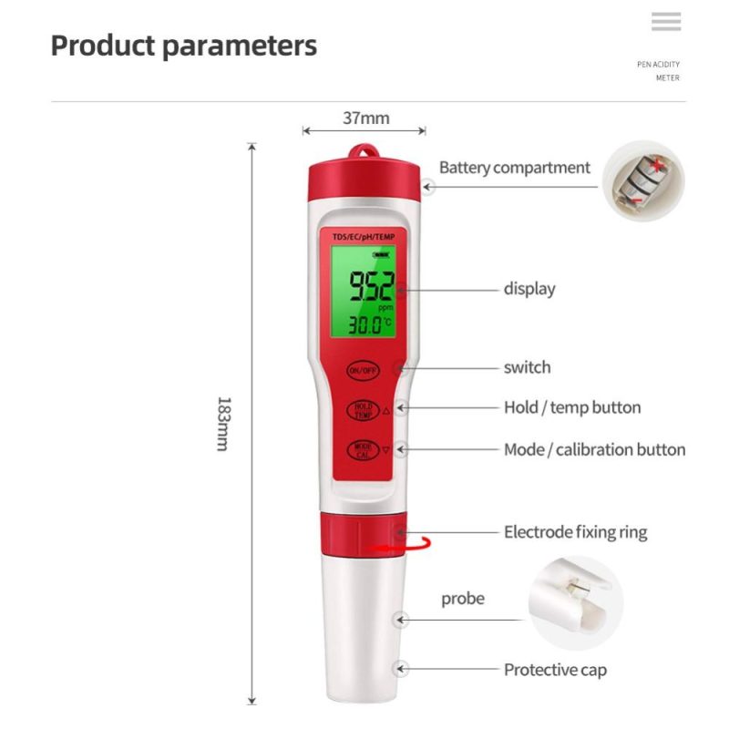 PEZ9908 Portable Handheld Water Quality Tester 4 In 1 PH Total Dissolved Solids EC Temperature Detector Multi-functional Test Pen Backlight Screen ℃/℉ Unit Conversion  |   Water quality analysis equipment Measurement & Analysis Instruments Water quality analysis equipment