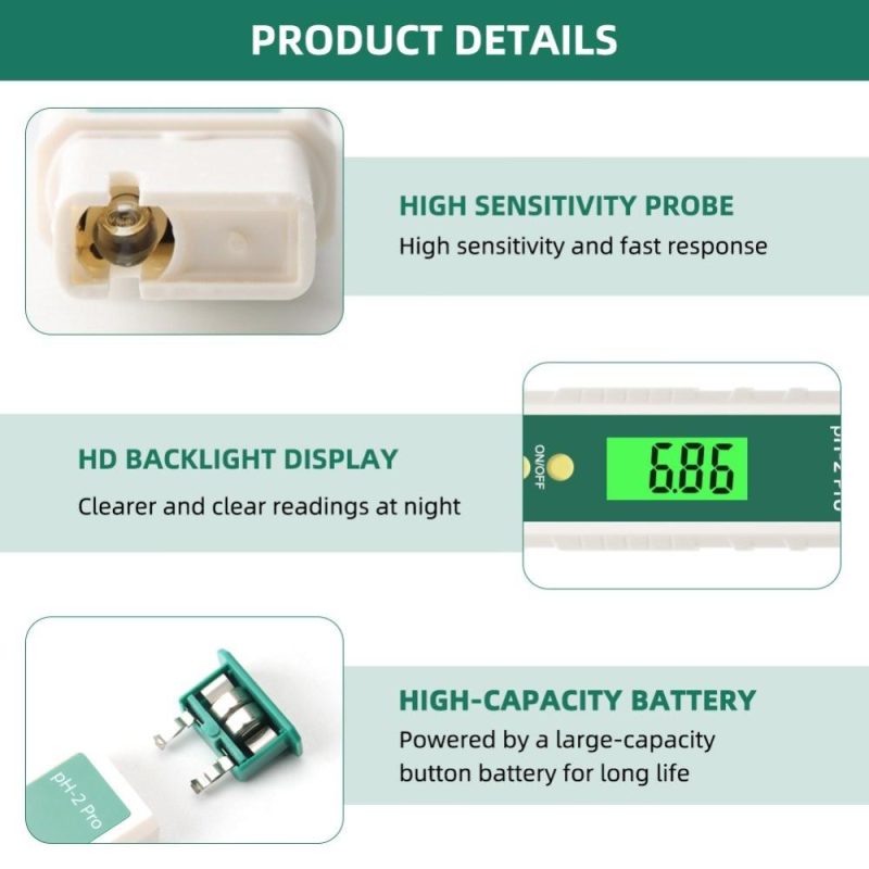 pH-2 Pro Water Quality Pen Digital pH Meter 0.01 Accuracy Tester Pen -2.00~16.00 Measuring Range with Backlight Display Aquarium Hydroponic Lab Measurement  |   Water quality analysis equipment Measurement & Analysis Instruments Green