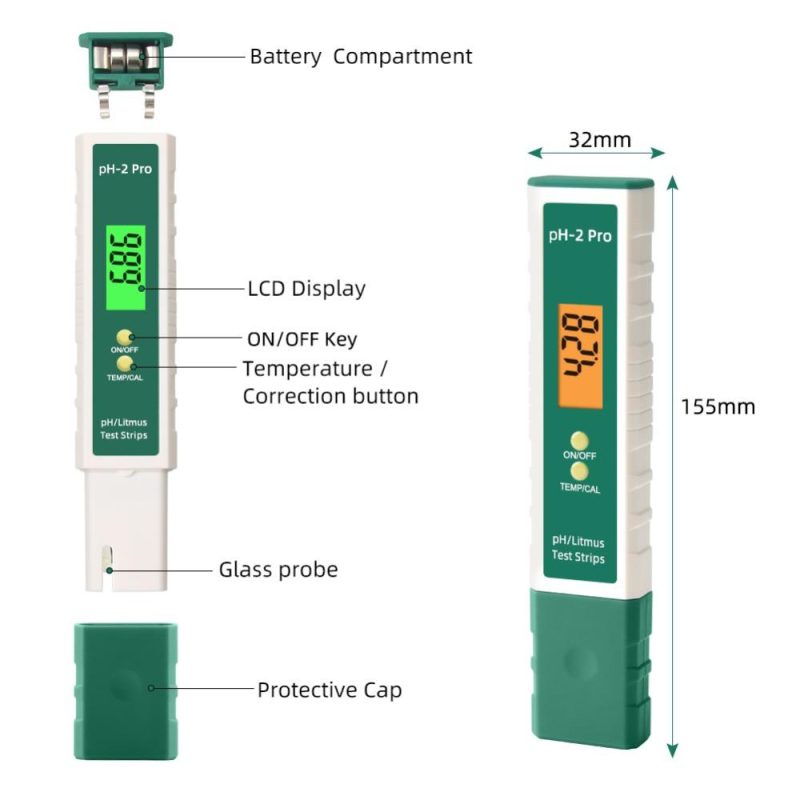 pH-2 Pro Water Quality Pen Digital pH Meter 0.01 Accuracy Tester Pen -2.00~16.00 Measuring Range with Backlight Display Aquarium Hydroponic Lab Measurement  |   Water quality analysis equipment Measurement & Analysis Instruments Green