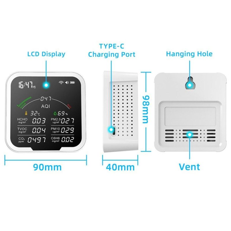 Portable Air Quality Meter4.8Inch Large Screen Carbon Dioxide Detector HCHO/TVOC/CO2/PM2.5/PM10/AQI/C6H6 Temperature and Humidity Tester  |   Gas detection equipment Gas detection equipment Gas detection equipment