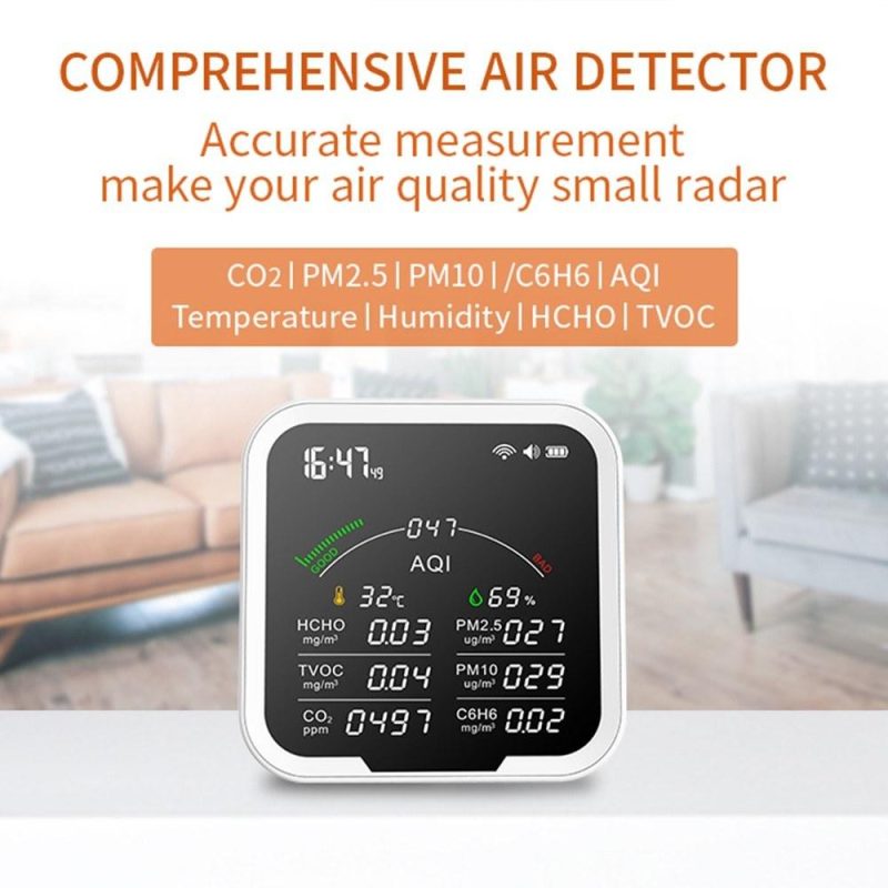 Portable Air Quality Meter4.8Inch Large Screen Carbon Dioxide Detector HCHO/TVOC/CO2/PM2.5/PM10/AQI/C6H6 Temperature and Humidity Tester  |   Gas detection equipment Gas detection equipment Gas detection equipment