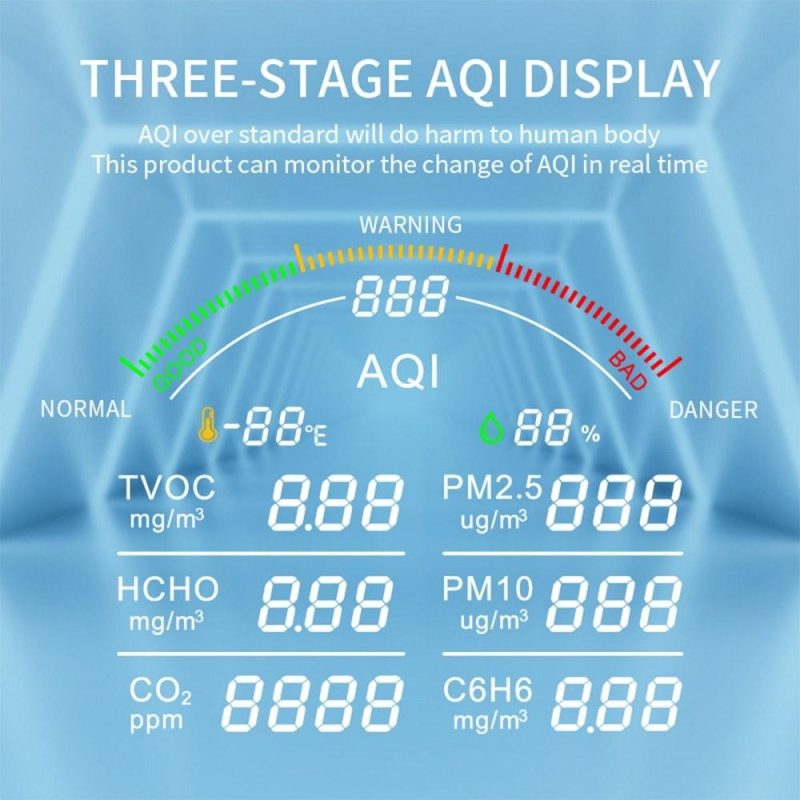 Portable Air Quality Meter4.8Inch Large Screen Carbon Dioxide Detector HCHO/TVOC/CO2/PM2.5/PM10/AQI/C6H6 Temperature and Humidity Tester  |   Gas detection equipment Gas detection equipment Gas detection equipment