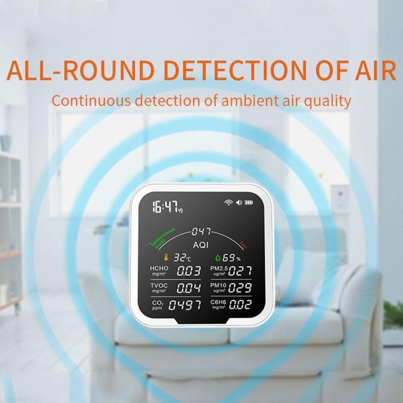 Portable Air Quality Meter4.8Inch Large Screen Carbon Dioxide Detector HCHO/TVOC/CO2/PM2.5/PM10/AQI/C6H6 Temperature and Humidity Tester  |   Gas detection equipment Gas detection equipment Gas detection equipment