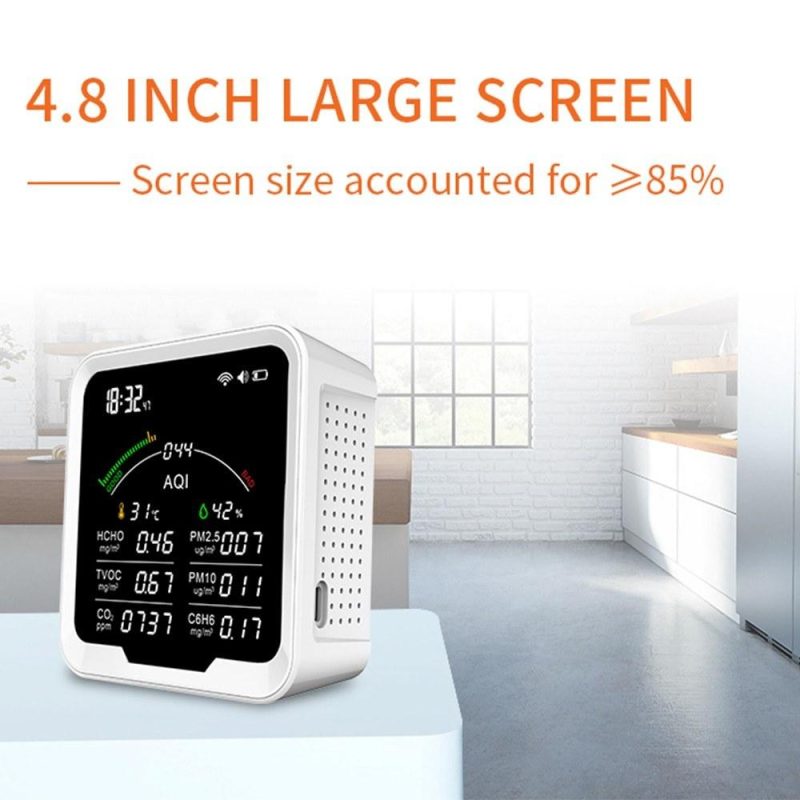 Portable Air Quality Meter4.8Inch Large Screen Carbon Dioxide Detector HCHO/TVOC/CO2/PM2.5/PM10/AQI/C6H6 Temperature and Humidity Tester  |   Gas detection equipment Gas detection equipment Gas detection equipment