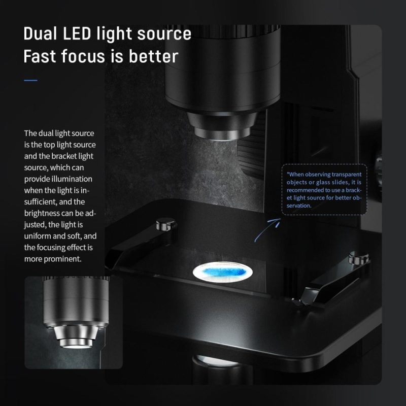 Portable Intelligent Digital Microscope 2000x Magnification Dual Lenses USB Rechargeable 5.0M Pixels High Clear  |   Microscopes & Endoscope Measurement & Analysis Instruments Black