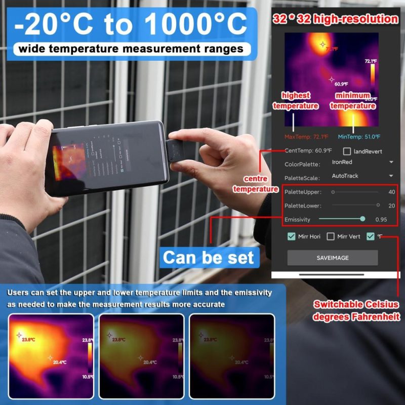 Portable Mobile Phone Thermal Imager -20℃ to 1000℃ Small Thermal Imaging Camera Support Maximum Minimum Center Temperature Measurement 5 Color Palette Modes  |   Infrared Thermometer Infrared Thermometer Black