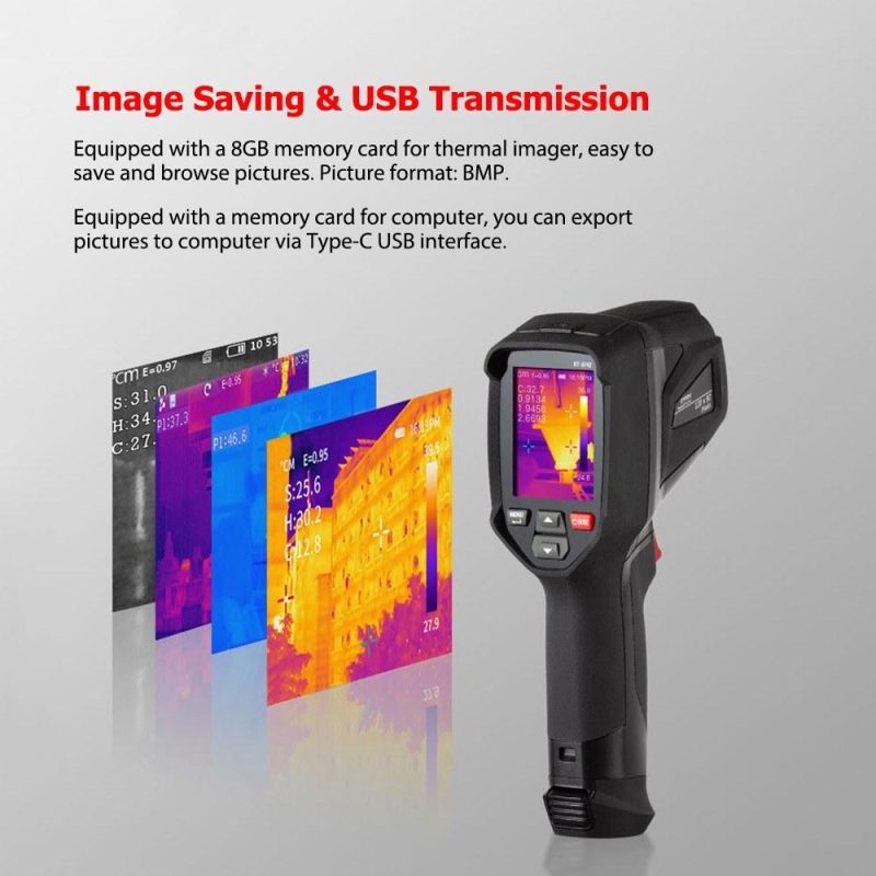 Professional Handheld IR Thermal Imager 120×90 Infrared Thermal Imaging Camera Free Focus 2.4-inch LCD Rechargeable -4℉~752℉ Temperature Auto Tracking Tester with 8GB Memory Card, 8 Palettes, Temperature Alarm  |   Infrared Thermometer Infrared Thermometer Black