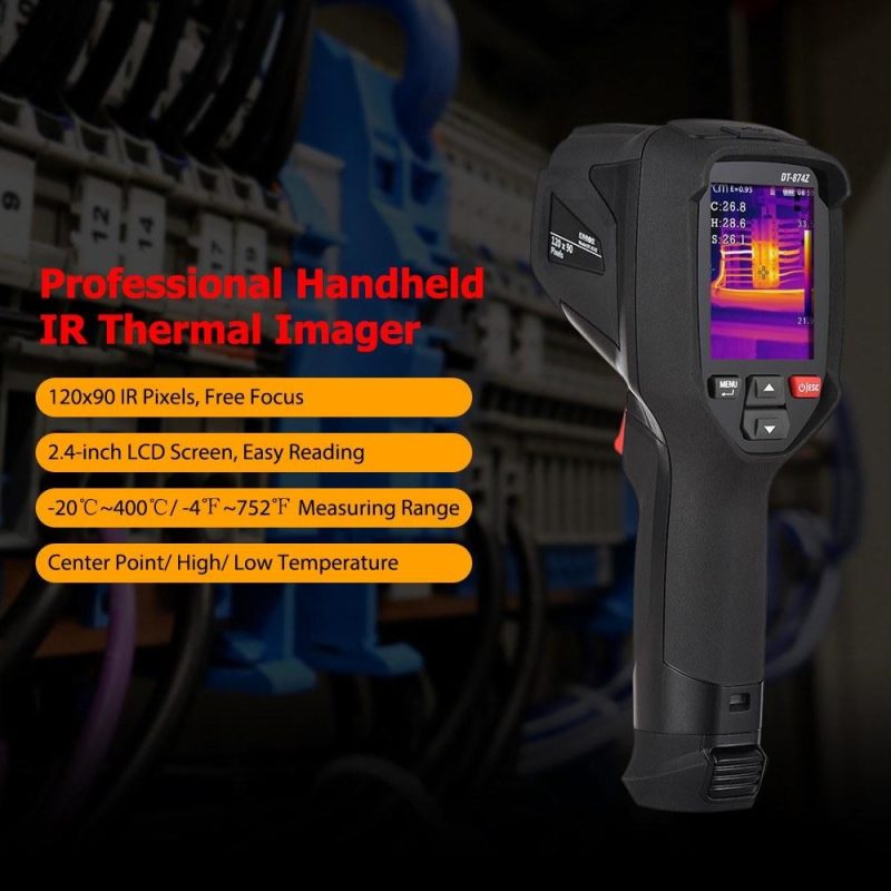 Professional Handheld IR Thermal Imager 120×90 Infrared Thermal Imaging Camera Free Focus 2.4-inch LCD Rechargeable -4℉~752℉ Temperature Auto Tracking Tester with 8GB Memory Card, 8 Palettes, Temperature Alarm  |   Infrared Thermometer Infrared Thermometer Black