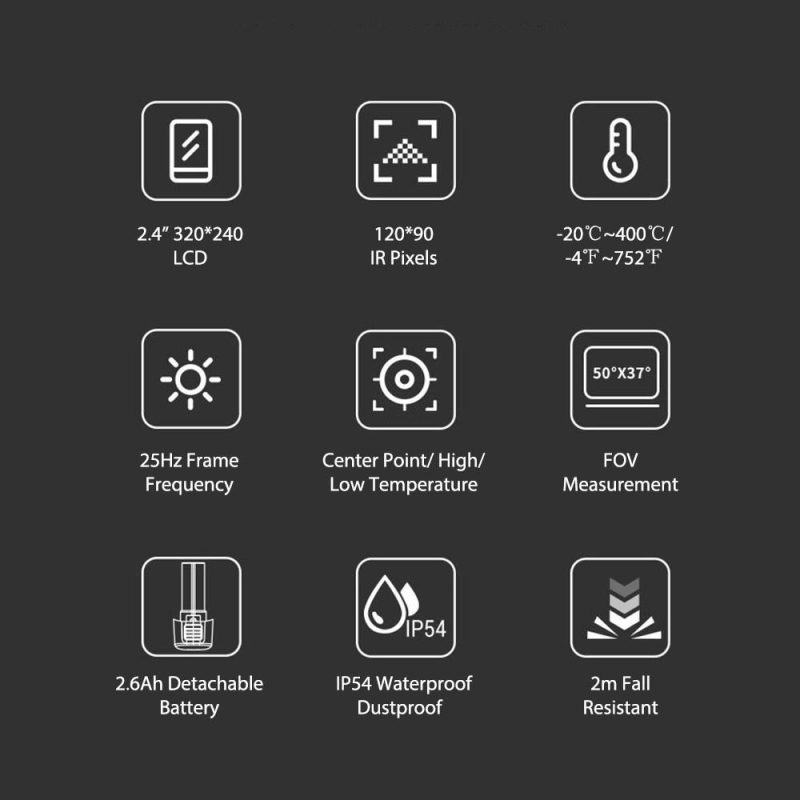 Professional Handheld IR Thermal Imager 120×90 Infrared Thermal Imaging Camera Free Focus 2.4-inch LCD Rechargeable -4℉~752℉ Temperature Auto Tracking Tester with 8GB Memory Card, 8 Palettes, Temperature Alarm  |   Infrared Thermometer Infrared Thermometer Black