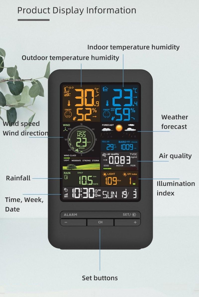 Professional Weather Station Indoor Outdoor Thermometer Home Weather Stations with  Rainfall and Wind Speed Wind Direction Digital Color Display  |   Temperature & Humidity Measurements Measurement & Analysis Instruments Black + White