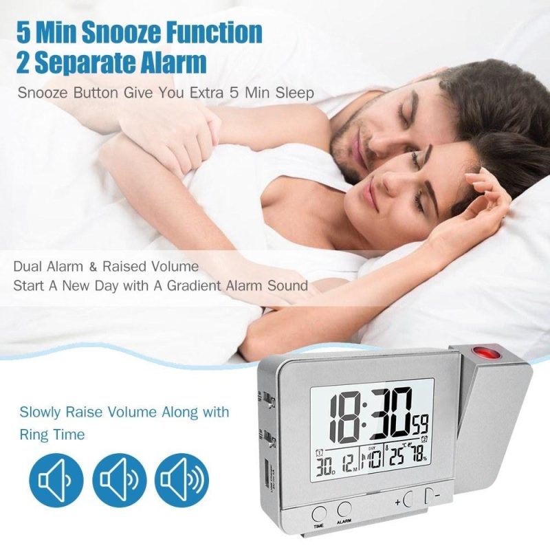 Projection Alarm Clock for Bedroom with Thermometer Hygrometer Digital Project Ceiling Clock Dimmable LED Display with USB Charger 180°Rotable with Dual Alarms 12/24H Snooze  |   Temperature & Humidity Measurements Measurement & Analysis Instruments Black/Sliver