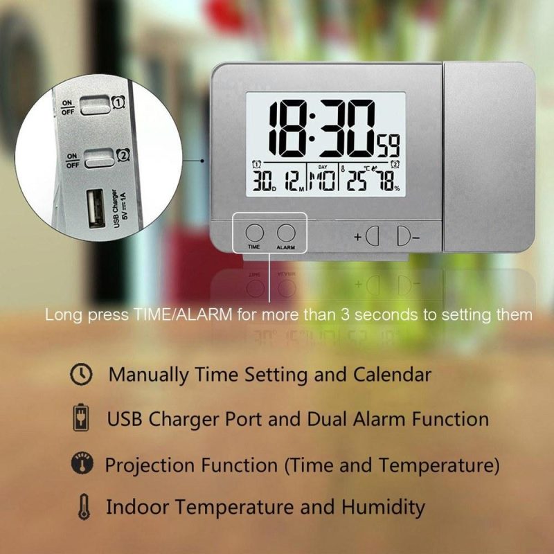 Projection Alarm Clock for Bedroom with Thermometer Hygrometer Digital Project Ceiling Clock Dimmable LED Display with USB Charger 180°Rotable with Dual Alarms 12/24H Snooze  |   Temperature & Humidity Measurements Measurement & Analysis Instruments Black/Sliver