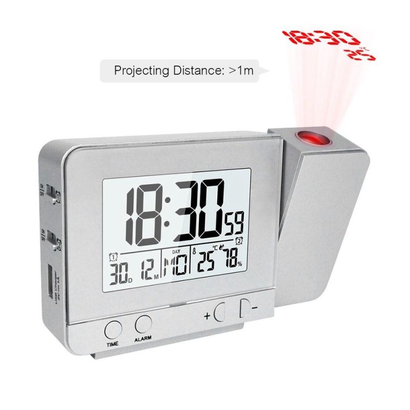 Projection Alarm Clock for Bedroom with Thermometer Hygrometer Digital Project Ceiling Clock Dimmable LED Display with USB Charger 180°Rotable with Dual Alarms 12/24H Snooze  |   Temperature & Humidity Measurements Measurement & Analysis Instruments Black/Sliver