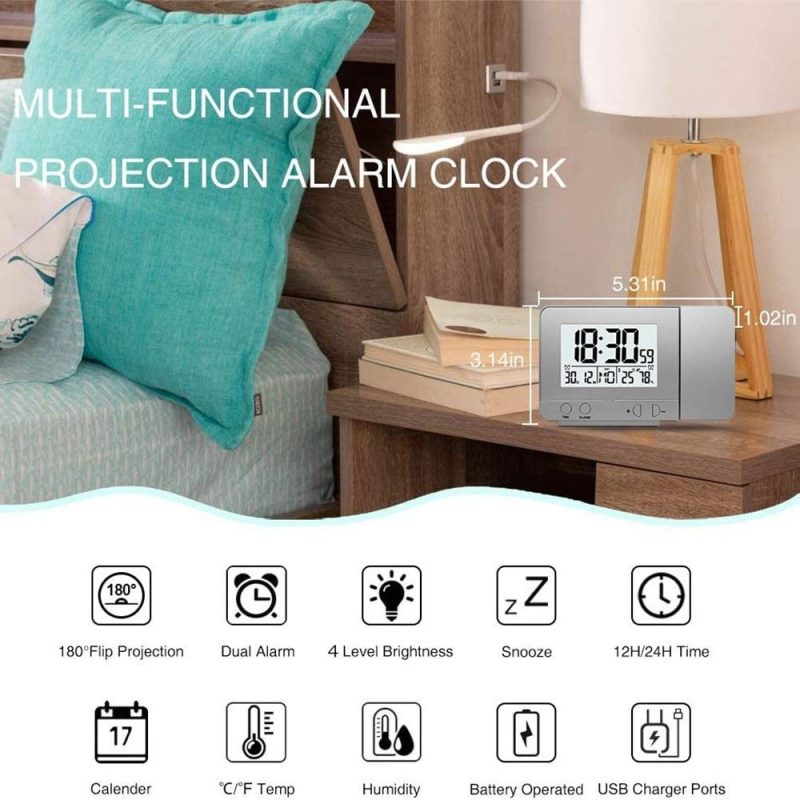 Projection Alarm Clock for Bedroom with Thermometer Hygrometer Digital Project Ceiling Clock Dimmable LED Display with USB Charger 180°Rotable with Dual Alarms 12/24H Snooze  |   Temperature & Humidity Measurements Measurement & Analysis Instruments Black/Sliver