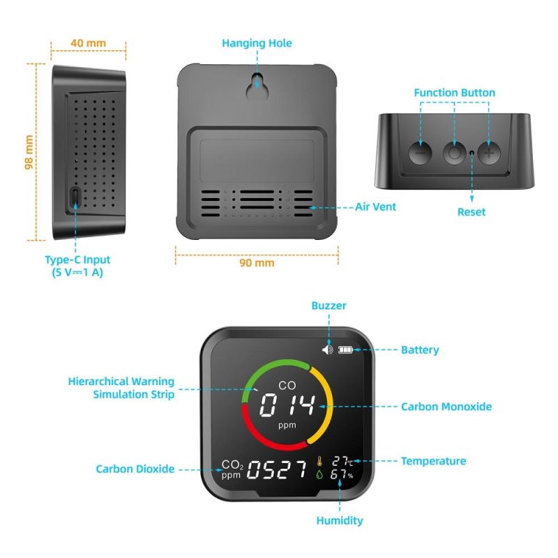 PTH-9E Intelligent WIFI CO CO2 Detector Portable Temperature, Humidity and Air Quality Detector  |   Gas detection equipment Gas detection equipment Black