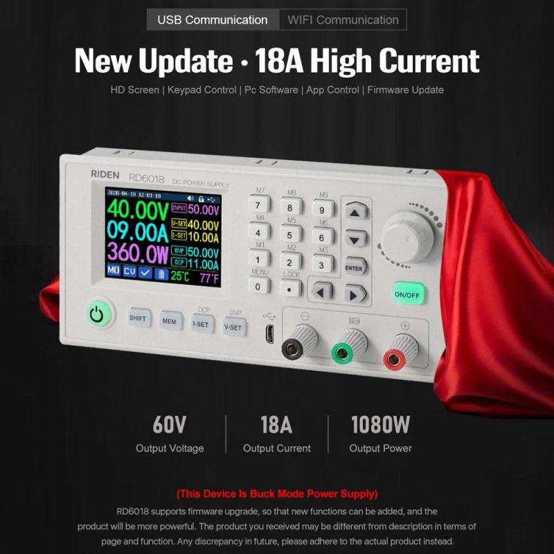 RD6018 18A Constant-Voltage and Constant-Current Direct-current Power-Supply Module Keypad PC Software Wifi Phone App Control with Firmware Update Function  |   Digital Multimeters & Oscilloscopes Digital Multimeters & Oscilloscopes Digital Multimeters & Oscilloscopes