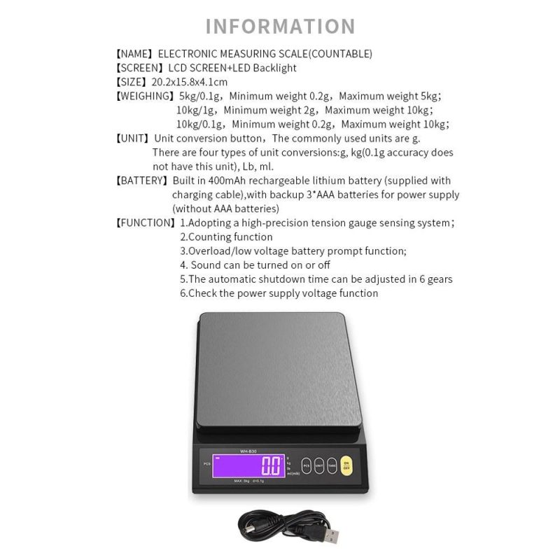 Rechargeable Baking Electric Scale IP67 Waterproof High Accurate Kitchen Scale with Counting Tare Zeroing Auto Power Off Unit Conversion Function  |   Digital Scales Digital Scales Digital Scales