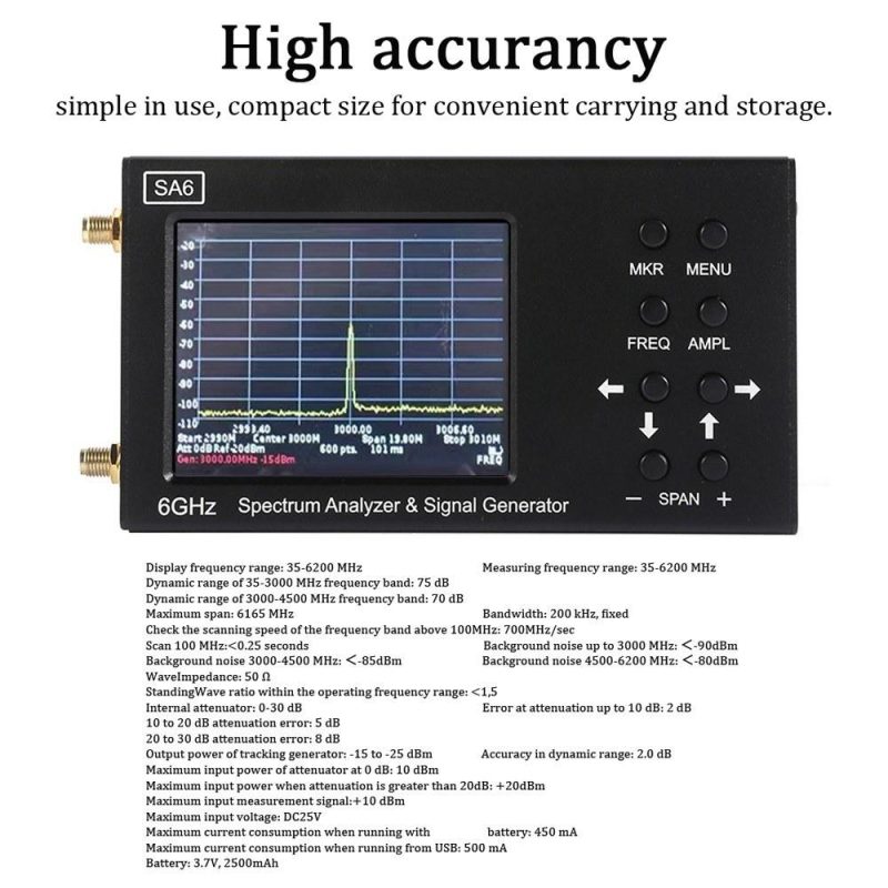 SA6 Portable Spectrum Analyzer Signal Generator 3.2 inch Touched Screen Multifunctional Handheld Spectrum Analyzer Signalizer Signal Tester  |   Other Instruments Measurement & Analysis Instruments Black