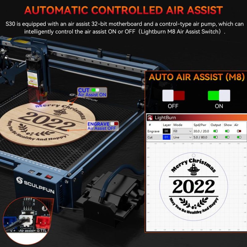 SCULPFUN S30 5W Laser Engraver with Automatic Air-assist System and 400x400mm Honeycomb Board  |   Laser Equipment Laser Equipment Laser Equipment