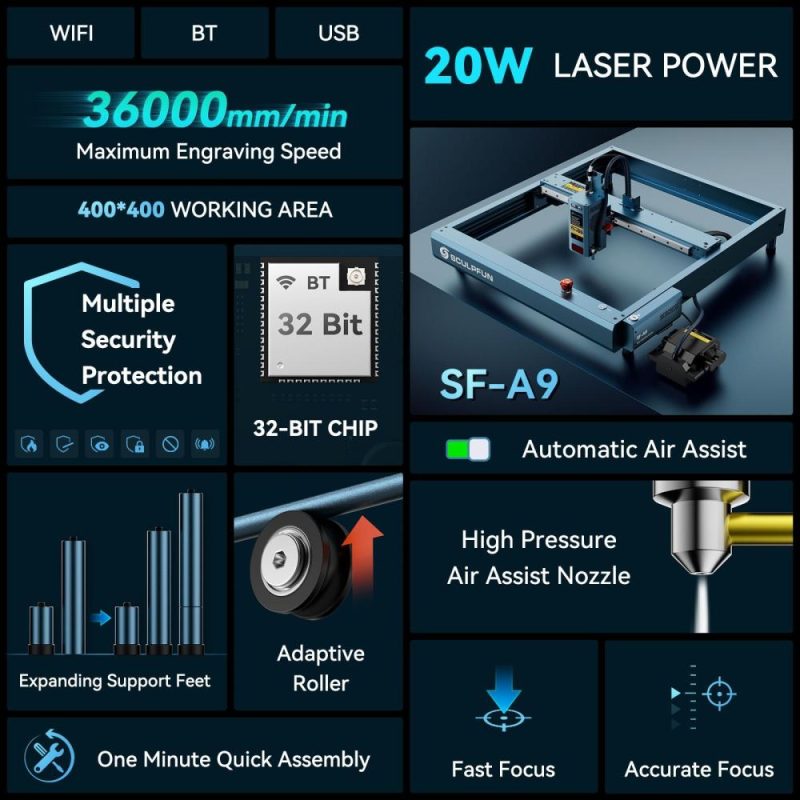 SCULPFUN SF-A9 20W Laser Engraving Machine with Automatic Air Assist  |   Laser Equipment Laser Equipment Laser Equipment