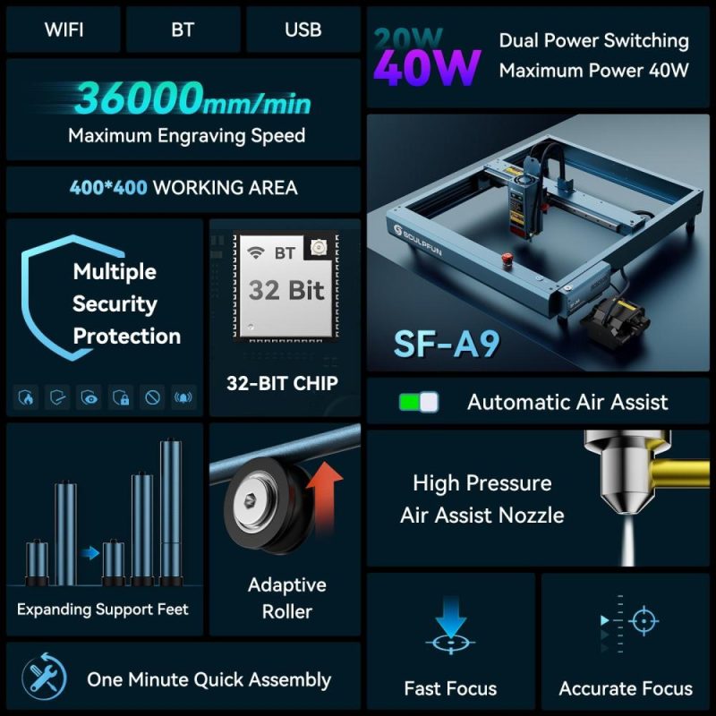 Sculpfun SF-A9 40W Laser Engraver with Automatic Air Assist 36000mm/min High Speed  |   Laser Equipment Laser Equipment Laser Equipment