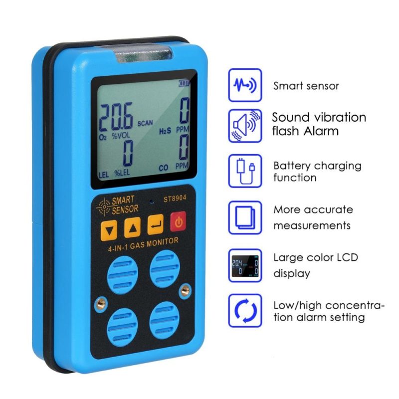 SMART SENSOR 4 in 1 Gas Monitor Rechargeable Portable Gas Detector HO₂S OO₂ CO and LEL Multi Gas Monitor Professional Gas   Sniffer with LCD Display Sound Vibration Flash Alarm Mode  |   Gas detection equipment Gas detection equipment Blue