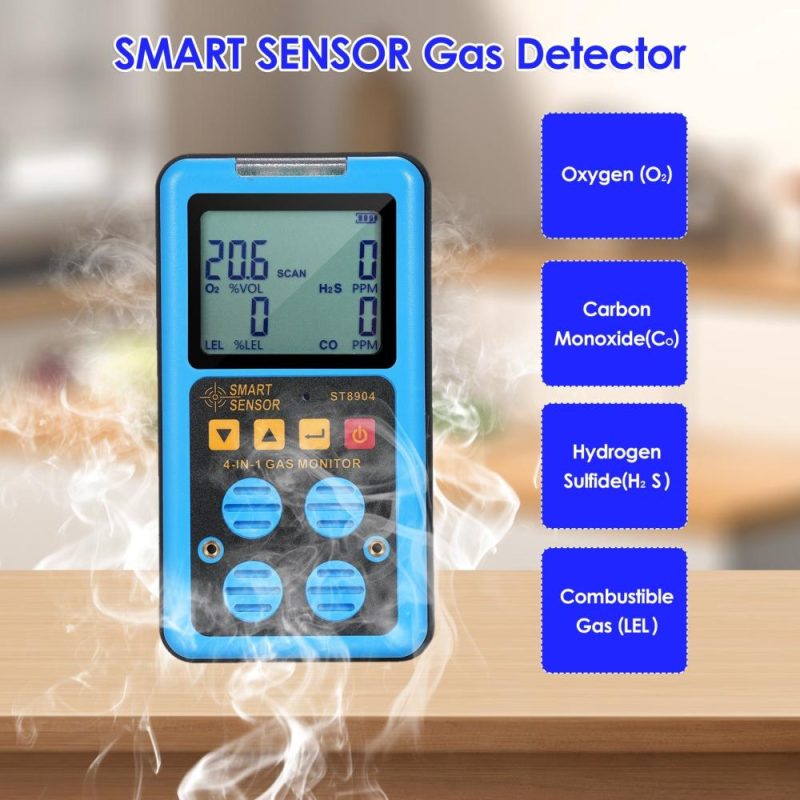 SMART SENSOR 4 in 1 Gas Monitor Rechargeable Portable Gas Detector HO₂S OO₂ CO and LEL Multi Gas Monitor Professional Gas   Sniffer with LCD Display Sound Vibration Flash Alarm Mode  |   Gas detection equipment Gas detection equipment Blue