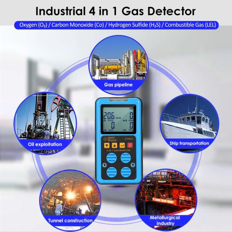 SMART SENSOR 4 in 1 Gas Monitor Rechargeable Portable Gas Detector HO₂S OO₂ CO and LEL Multi Gas Monitor Professional Gas   Sniffer with LCD Display Sound Vibration Flash Alarm Mode  |   Gas detection equipment Gas detection equipment Blue