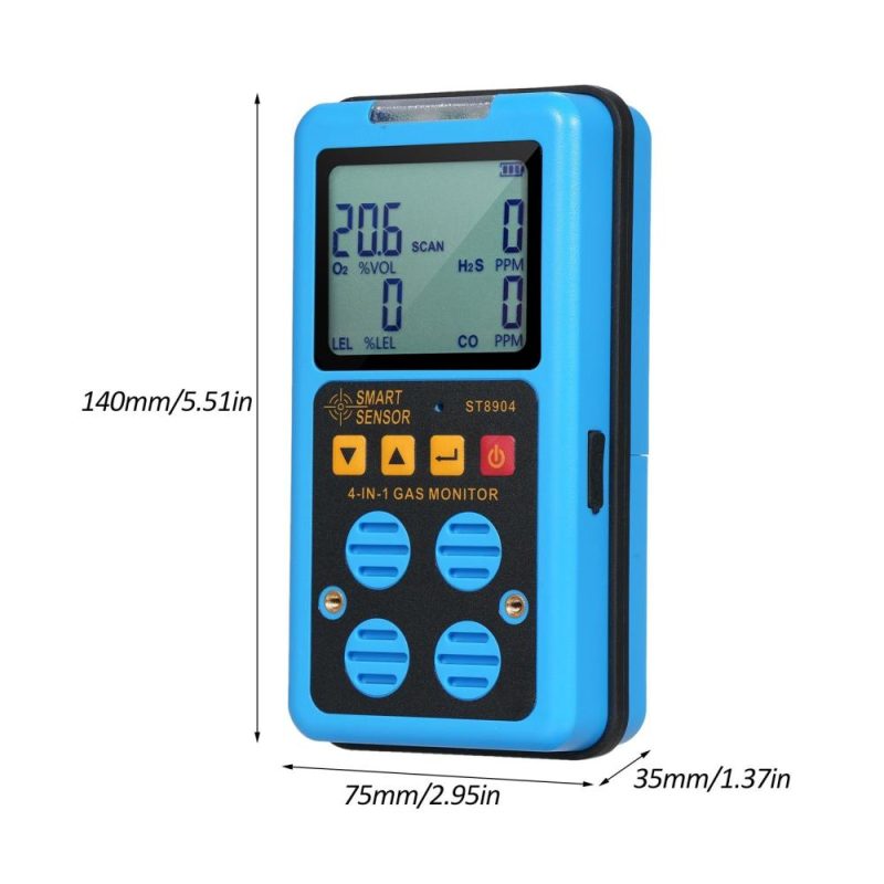 SMART SENSOR 4 in 1 Gas Monitor Rechargeable Portable Gas Detector HO₂S OO₂ CO and LEL Multi Gas Monitor Professional Gas   Sniffer with LCD Display Sound Vibration Flash Alarm Mode  |   Gas detection equipment Gas detection equipment Blue