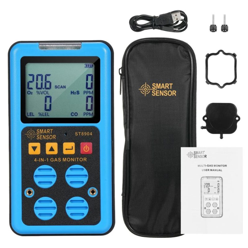 SMART SENSOR 4 in 1 Gas Monitor Rechargeable Portable Gas Detector HO₂S OO₂ CO and LEL Multi Gas Monitor Professional Gas   Sniffer with LCD Display Sound Vibration Flash Alarm Mode  |   Gas detection equipment Gas detection equipment Blue