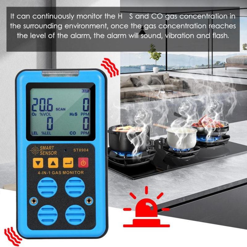 SMART SENSOR 4 in 1 Gas Monitor Rechargeable Portable Gas Detector HO₂S OO₂ CO and LEL Multi Gas Monitor Professional Gas   Sniffer with LCD Display Sound Vibration Flash Alarm Mode  |   Gas detection equipment Gas detection equipment Blue