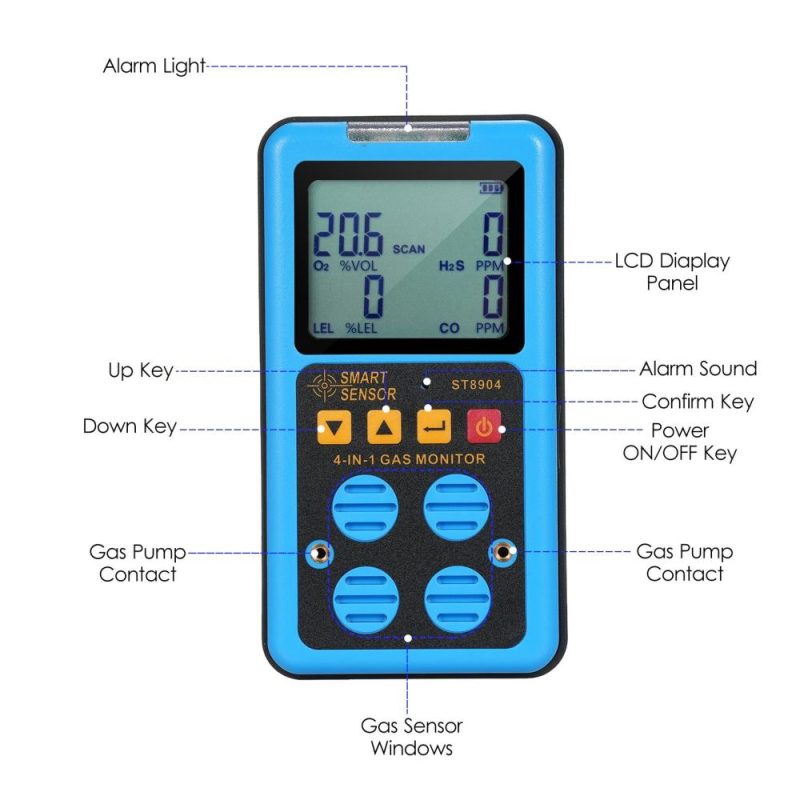 SMART SENSOR 4 in 1 Gas Monitor Rechargeable Portable Gas Detector HO₂S OO₂ CO and LEL Multi Gas Monitor Professional Gas   Sniffer with LCD Display Sound Vibration Flash Alarm Mode  |   Gas detection equipment Gas detection equipment Blue