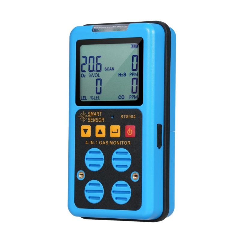 SMART SENSOR 4 in 1 Gas Monitor Rechargeable Portable Gas Detector HO₂S OO₂ CO and LEL Multi Gas Monitor Professional Gas   Sniffer with LCD Display Sound Vibration Flash Alarm Mode  |   Gas detection equipment Gas detection equipment Blue