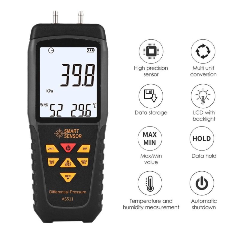 SMART SENSOR AS511 Digital Differential Pressure Gauge -39.98~39.98KPA Manometer Dual Port Air Gas Pressure Tester  |   Other Instruments Measurement & Analysis Instruments Other Instruments