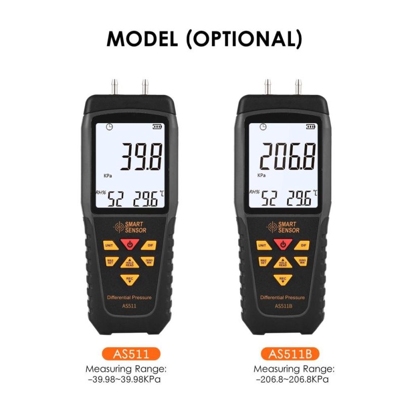 SMART SENSOR AS511 Digital Differential Pressure Gauge -39.98~39.98KPA Manometer Dual Port Air Gas Pressure Tester  |   Other Instruments Measurement & Analysis Instruments Other Instruments