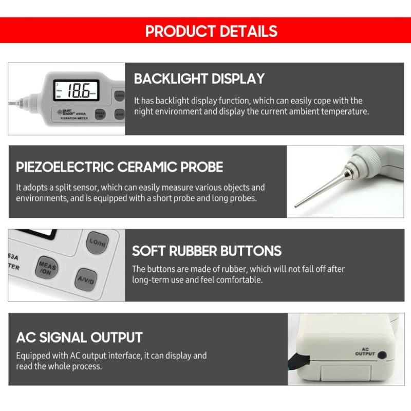 SMART SENSOR AS63A Digital Vibration Meter with LCD Screen Vibration Analyzer Tester AC Output Acceleration / Velocity / Displacement Measurement  |   Other Instruments Measurement & Analysis Instruments Other Instruments