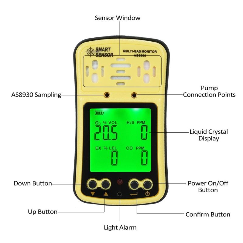 SMART SENSOR AS8900 4 in 1 Combustible Gas Detector Analyzer Handheld Multi-Gas Monitor Gas Detector OO₂ CO HO₂S Analyzer Explosion-Proof  |   Gas detection equipment Gas detection equipment Black + Yellow