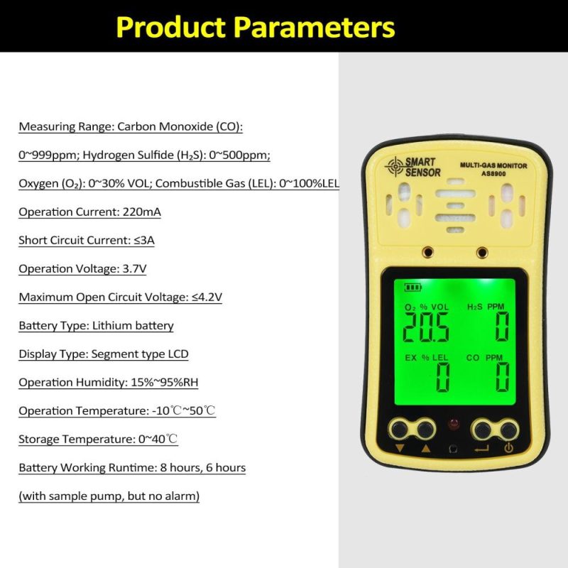 SMART SENSOR AS8900 4 in 1 Combustible Gas Detector Analyzer Handheld Multi-Gas Monitor Gas Detector OO₂ CO HO₂S Analyzer Explosion-Proof  |   Gas detection equipment Gas detection equipment Black + Yellow