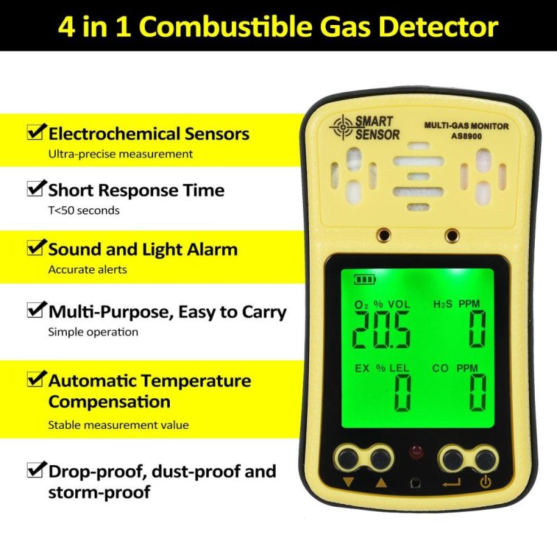 SMART SENSOR AS8900 4 in 1 Combustible Gas Detector Analyzer Handheld Multi-Gas Monitor Gas Detector OO₂ CO HO₂S Analyzer Explosion-Proof  |   Gas detection equipment Gas detection equipment Black + Yellow