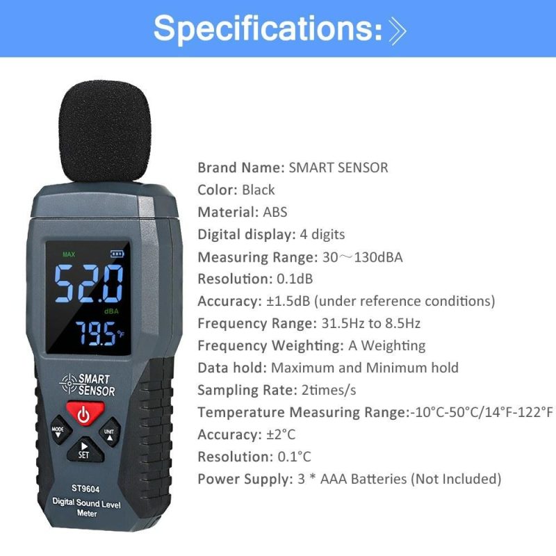 SMART SENSOR Mini Digital Sound Level Meter LCD Display Noise Meter Noise Measuring Instrument Decibel Tester 30-130dBA ST9604  |   Other Instruments Measurement & Analysis Instruments Black