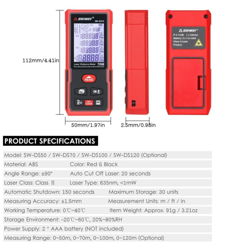 SNDWAY 70M Portable Laser Distance Meter Handheld Digital Laser Rangefinder Intelligent High Precision Infrared Electronic Ruler Laser Ruler Distance Measuring Instrument  |   Laser Rangefinders Laser Rangefinders Laser Rangefinders